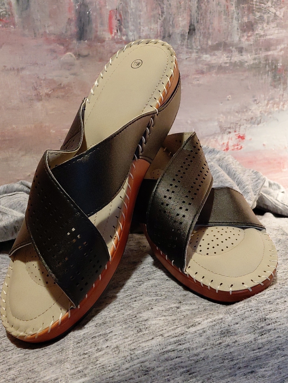 Womenβs Black Perforated Crossover Mule Sandals - Comfortable Slip-On Style